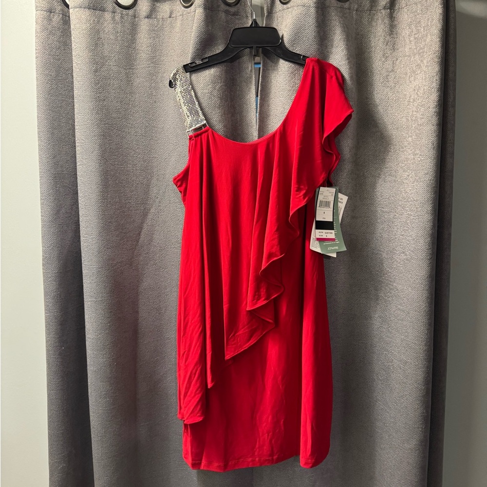 NWT Red One Shoulder Sequin Strap Cocktail Dress Sz 8